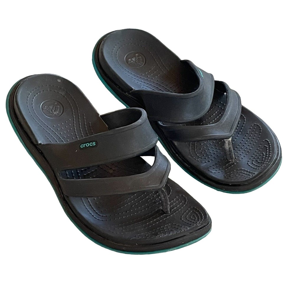 Crocs Thong Flip Flops Womens 9 Black Turquoise Double Strap Leather Toe Piece